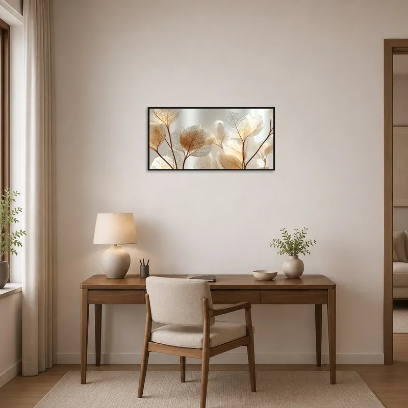Home office wall displaying a print of skeleton leaves in subtle lighting.