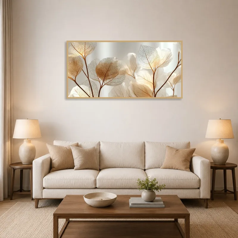 A print of delicate skeleton leaves in soft light hangs on a living room wall.