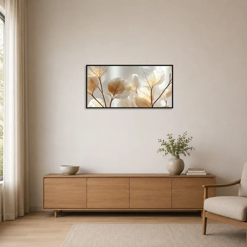 Minimalist room with a soft light print of skeleton leaves on display.
