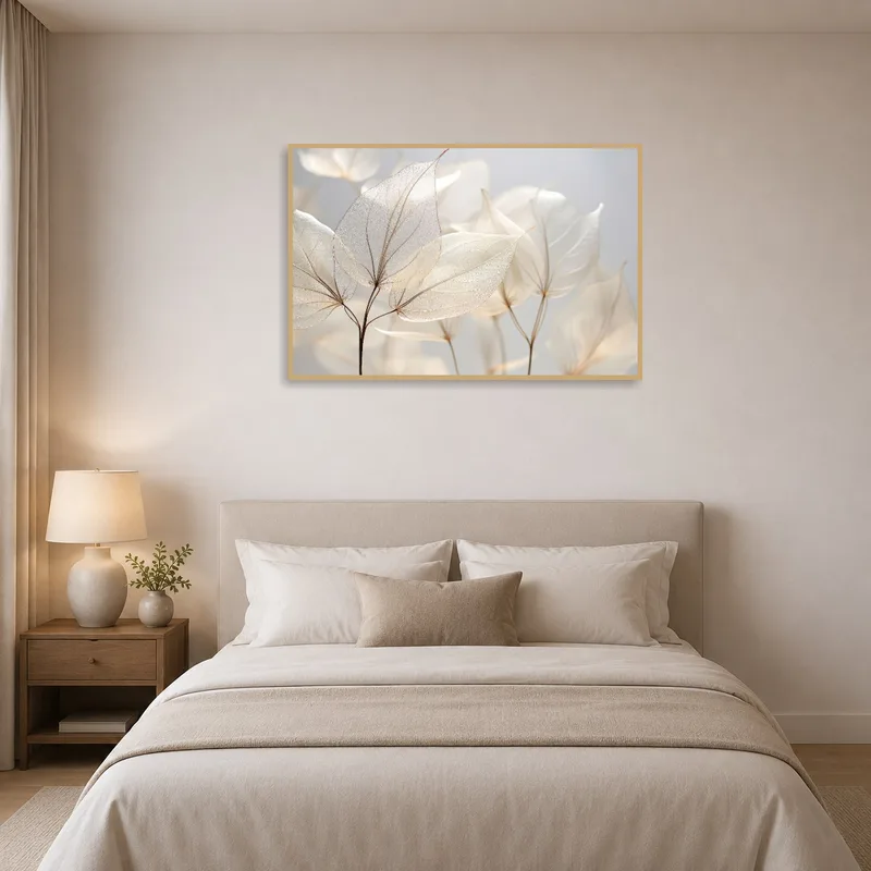 Delicate leaves print brings serenity to a restful bedroom environment.