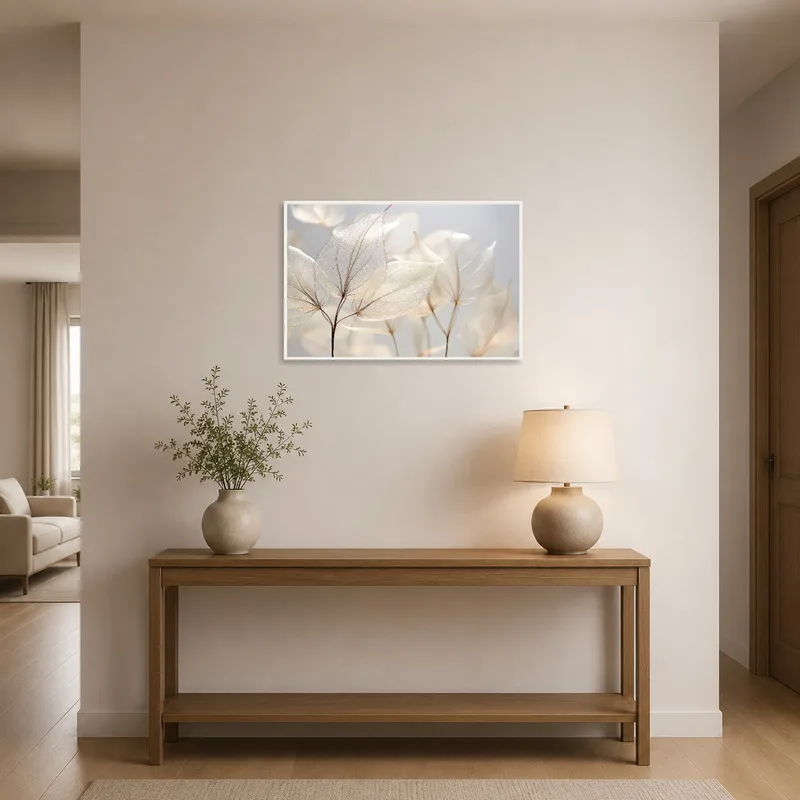 Nature print featuring delicate leaves welcoming guests in the entrance hall.