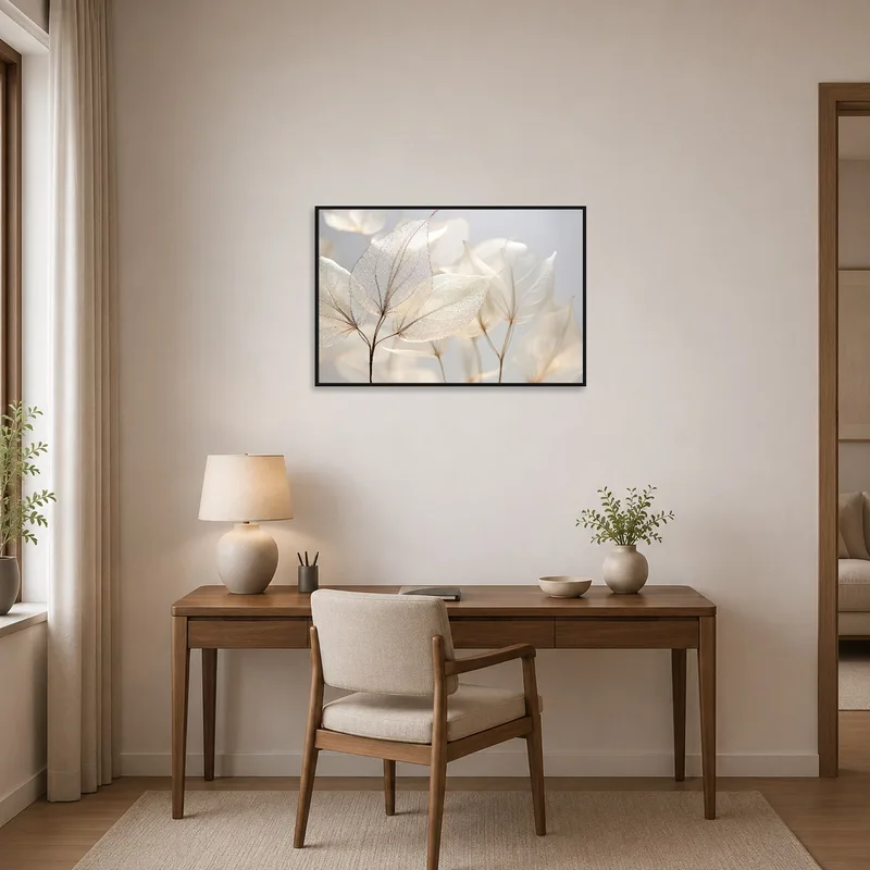 Translucent leaves nature print adding an organic touch to a home office.