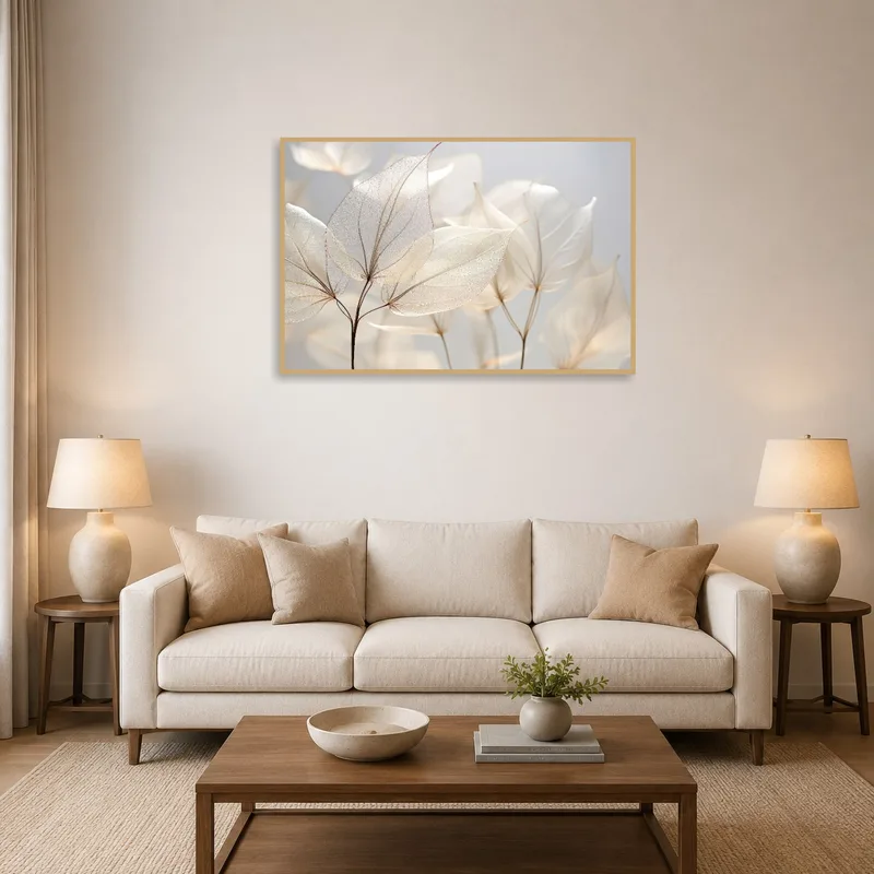 Nature print with translucent leaves hung in a cozy living-room setting.