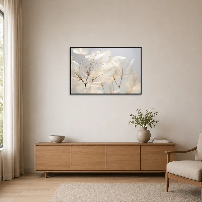 Translucent leaves print enhancing the simplicity of a minimalist space.