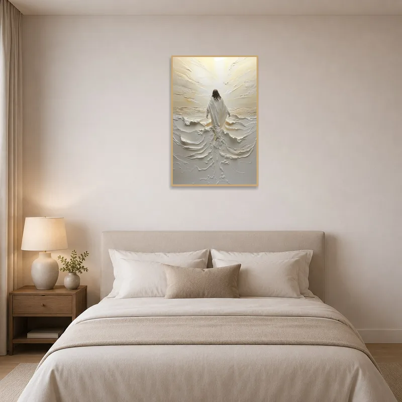 Textured white canvas hanging in a serene bedroom.