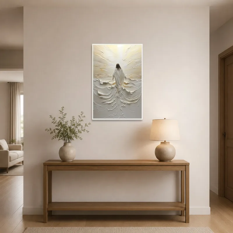 Entrance hall adorned with a textured white canvas.