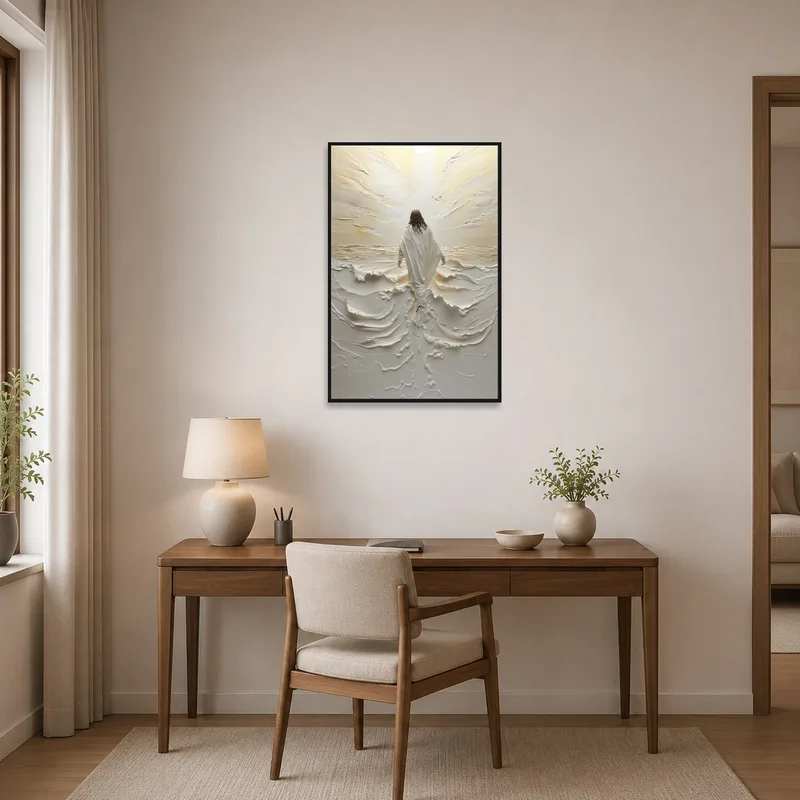 Home office featuring a textured white canvas artwork.