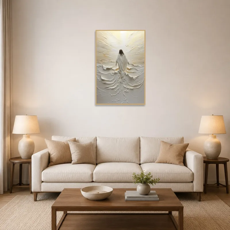 Textured white canvas art in a stylish living room setting.