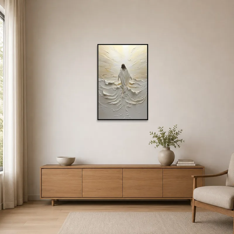 Minimalist space showcasing textured white canvas.