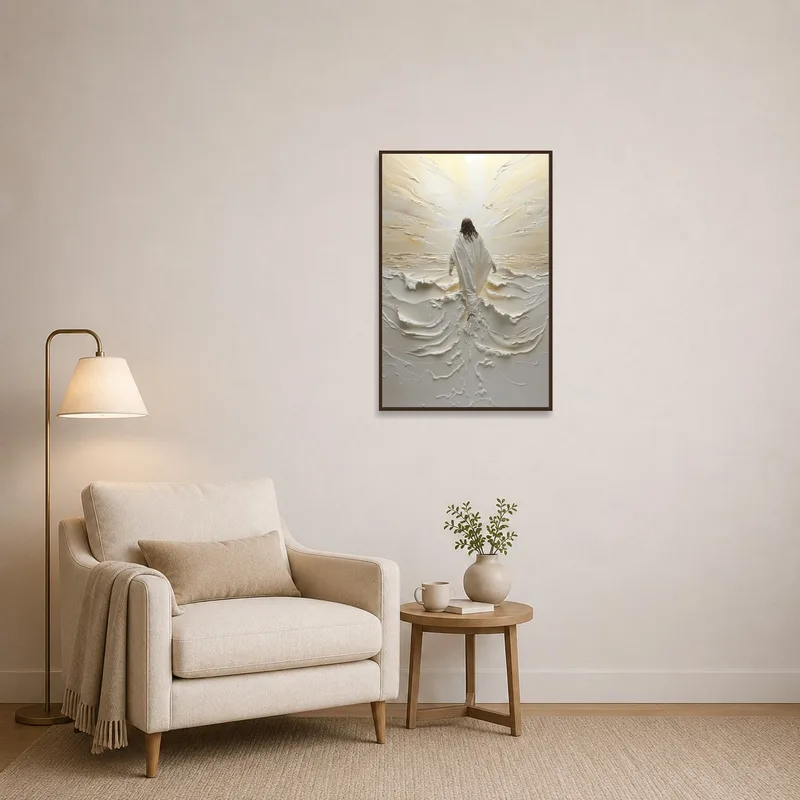 Reading corner with a textured white canvas piece.
