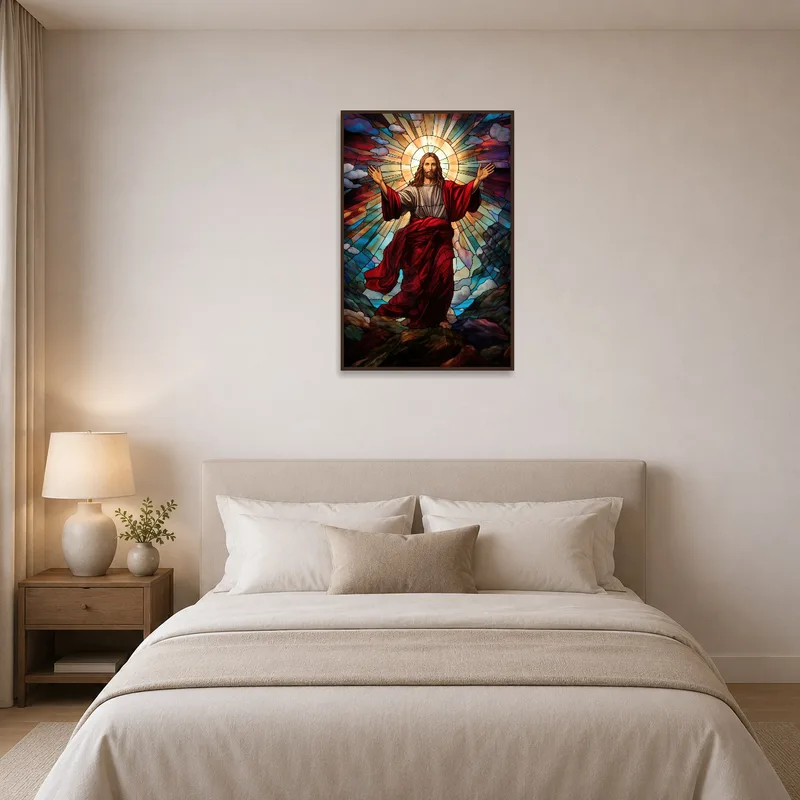 Divine stained glass art elevates bedroom's atmosphere.