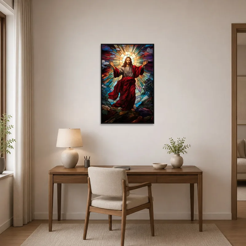Elegant stained glass brings inspiration to home office.