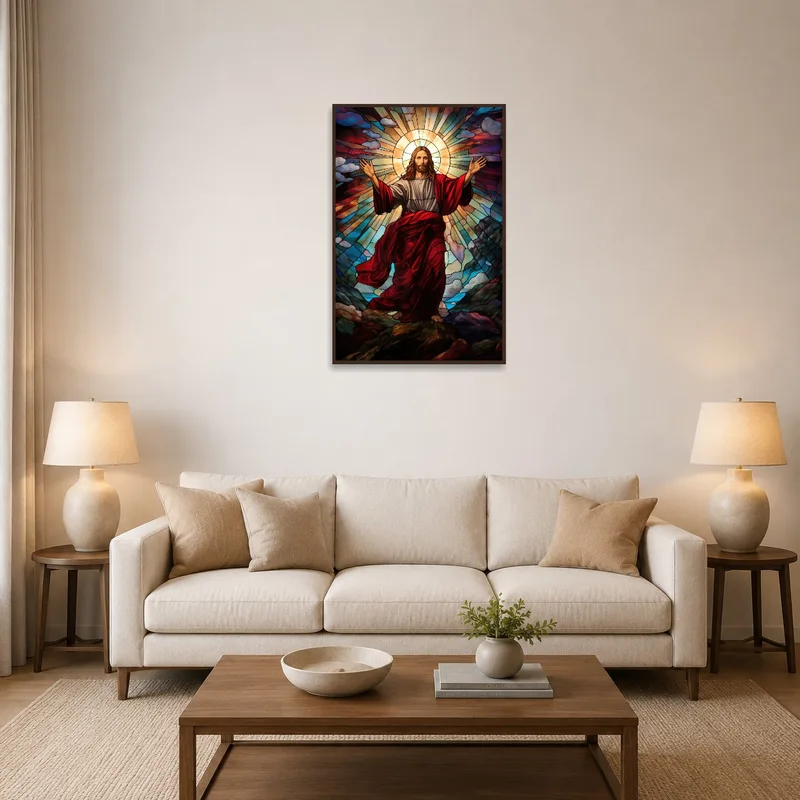 Colorful stained glass artwork brightens a cozy living room.
