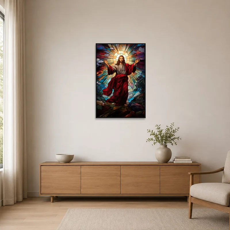 Vivid stained glass design adds color to minimalist room.