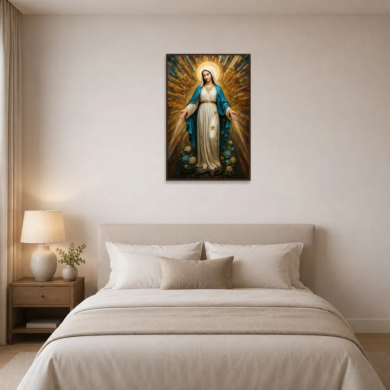 Sacred art print instills a serene ambiance in a restful bedroom.