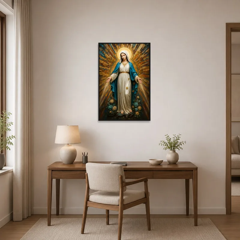 Religious print provides inspirational peace in a focused home office.