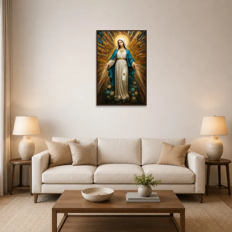 Religious art print enhances a cozy living room with divine tranquility.