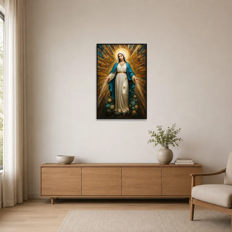Minimalist setting highlights sacred tranquility of the religious art.