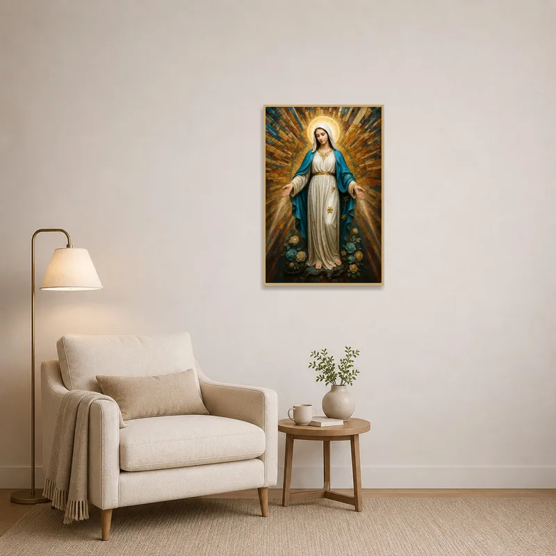 Religious art piece adds spiritual calmness to a tranquil reading corner.