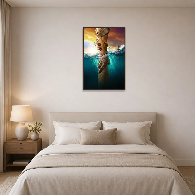 Soothing ocean rescue scene displayed above a bedroom bed.