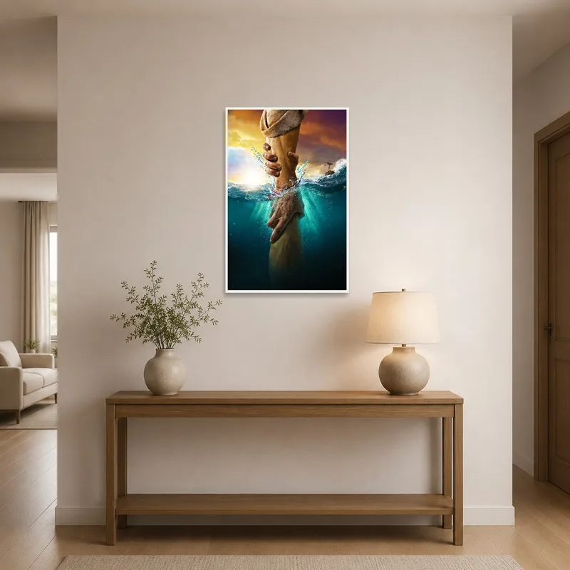 Ocean rescue artwork creating a focal point in an entrance hall.