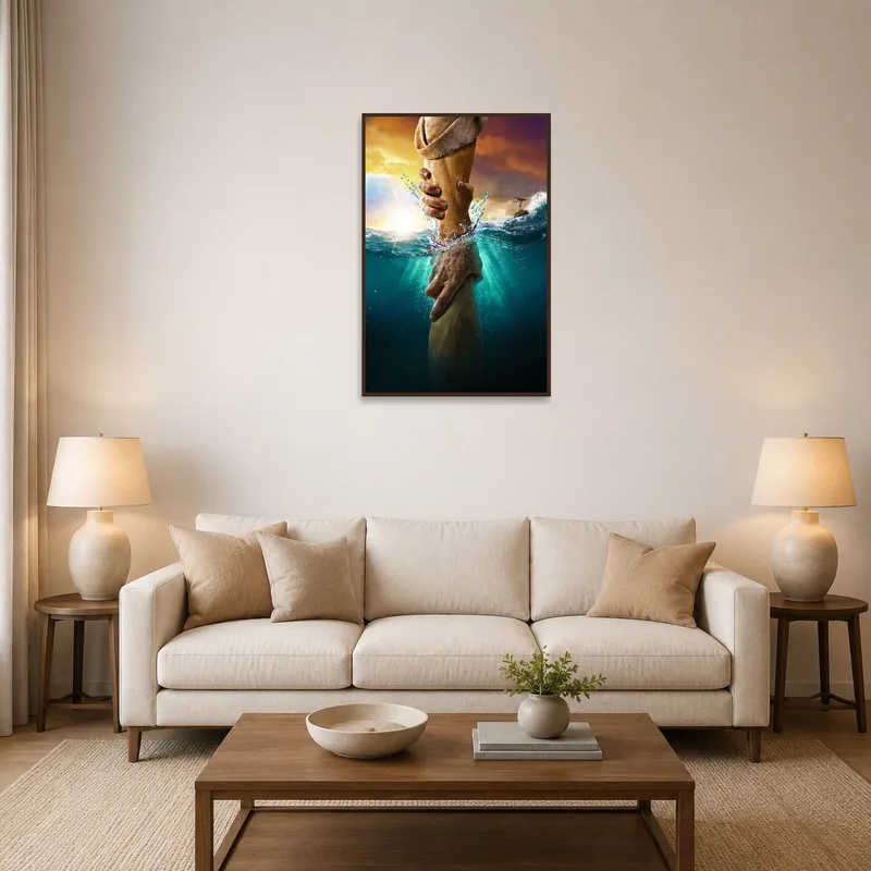 Dramatic ocean rescue art above a comfortable living room sofa.