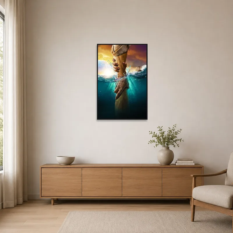 Vibrant sky ocean rescue piece in a sleek minimalist space.
