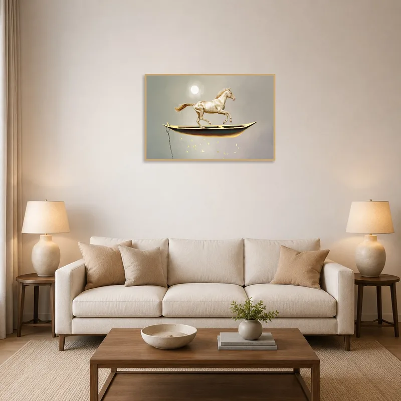 Equine artwork on a living room wall beside a modern sofa.
