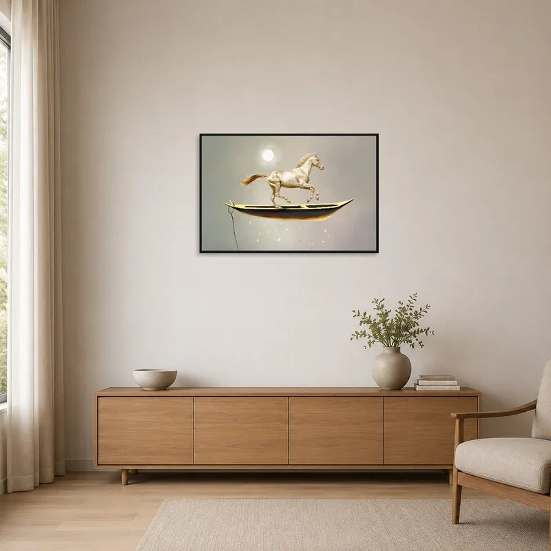 Horse and boat art in a minimalist space with sleek furnishings.