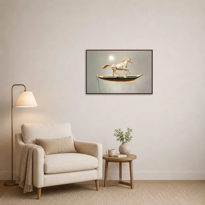 Dreamlike equine art adds charm to a cozy reading corner.