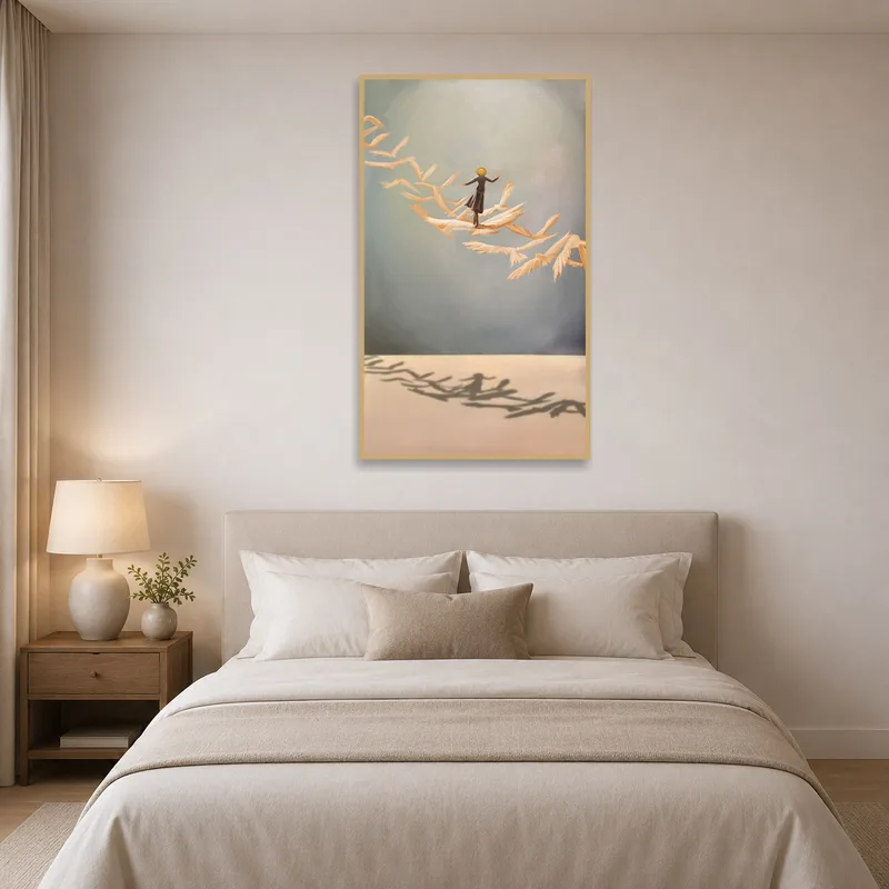 Dreamlike figure print with floating feathers in a tranquil bedroom.