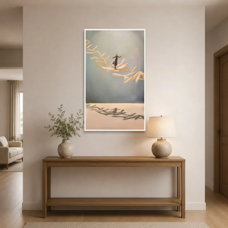 Entrance hall featuring floating feathers and dreamlike figure artwork.