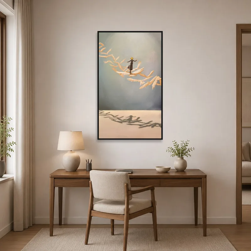 Home office adorned with art print of a figure on airy feathers.