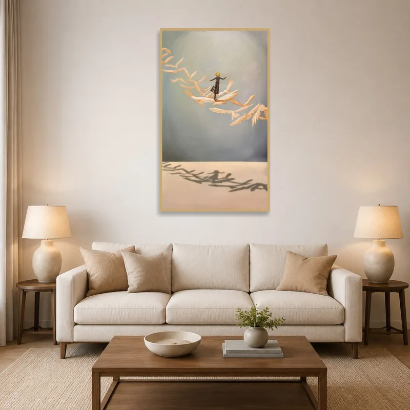 Art print with a dreamlike figure and feathers in a cozy living room setting.