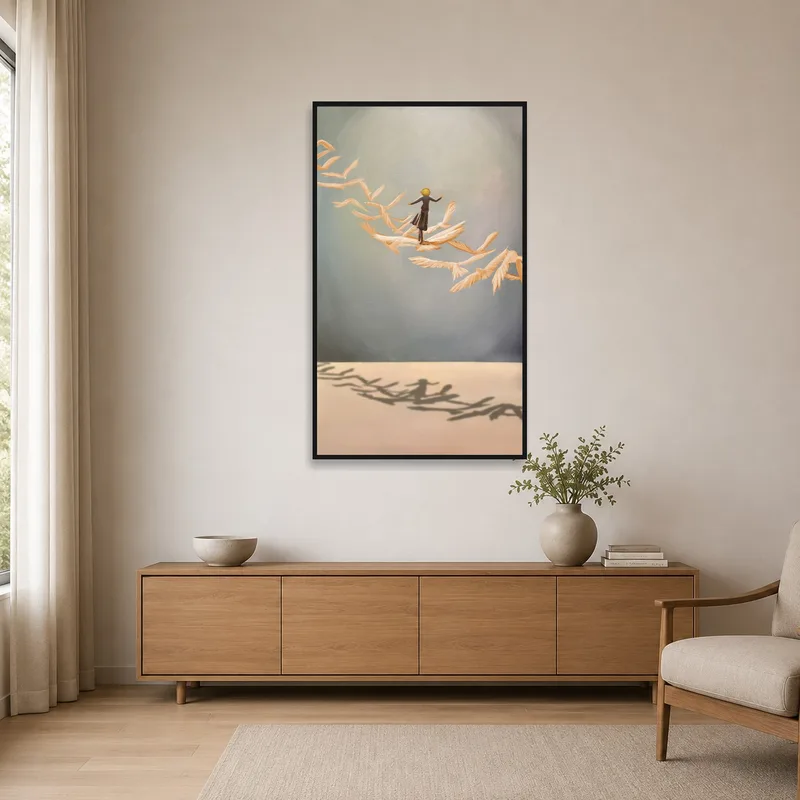 Minimalist room showcasing art print of a figure on feathers.