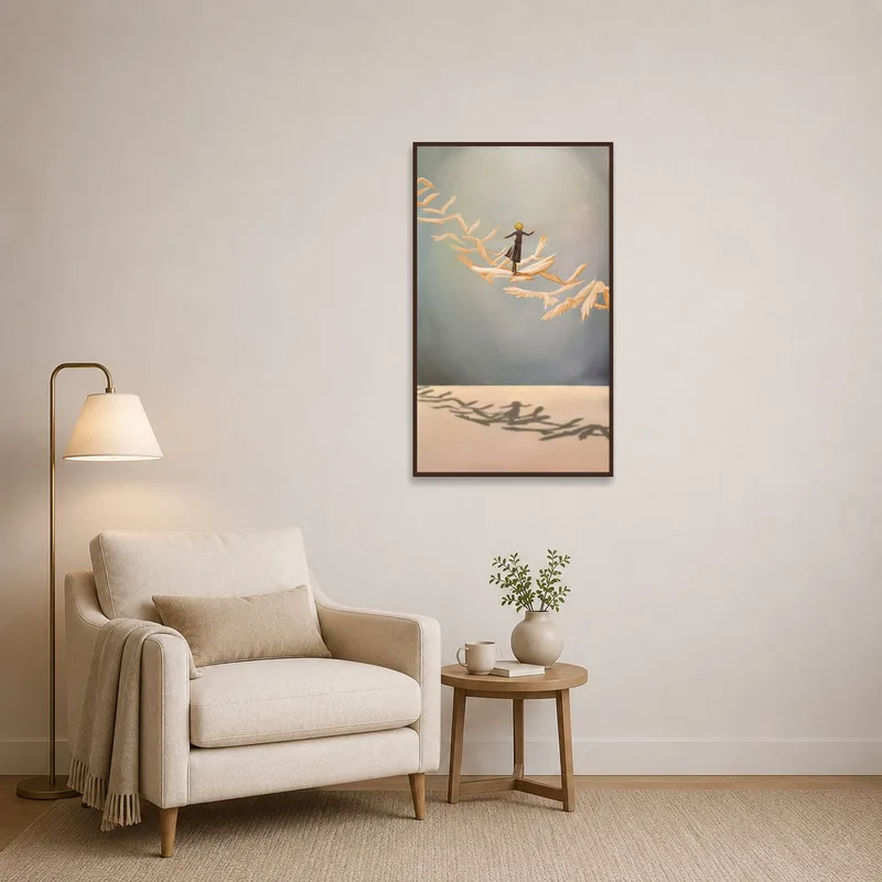 Reading corner accentuated by print of figure on drifting feathers.