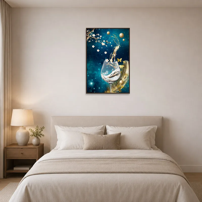 Serene bedroom with a dreamlike floral and cosmic theme displayed on glass.