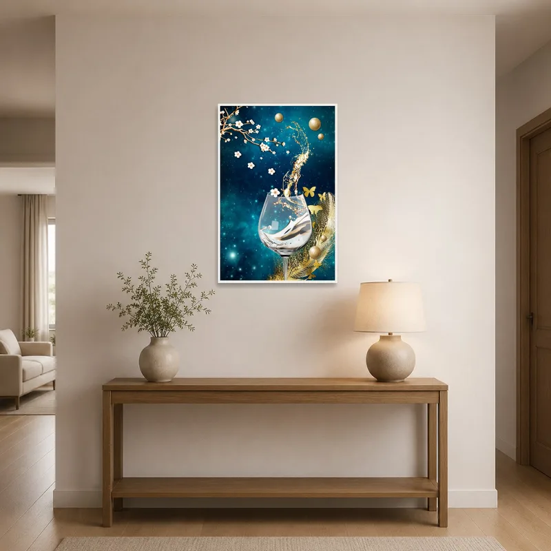 Entrance hall featuring an ethereal floral and cosmic glass artwork.