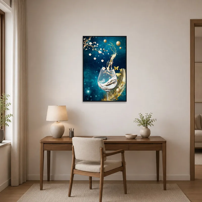 Home office showcasing an imaginative floral and cosmic glass artwork.