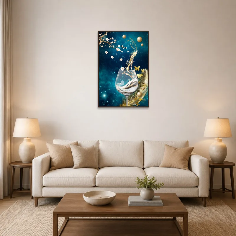 A mystical floral and cosmic glass artwork in a stylish living room setting.