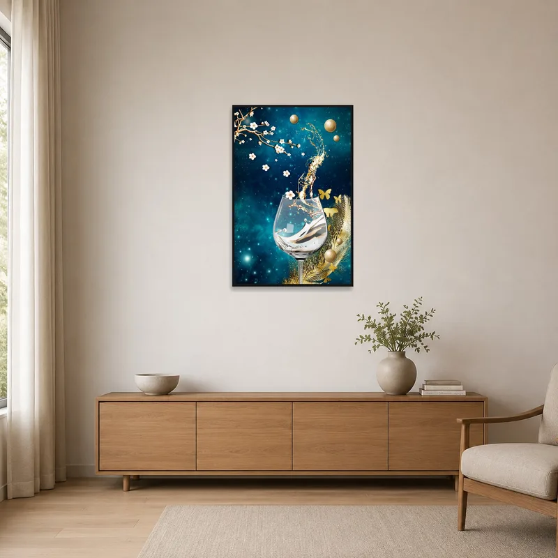 A sleek, minimal space showcasing a dreamlike floral and cosmic glass piece.