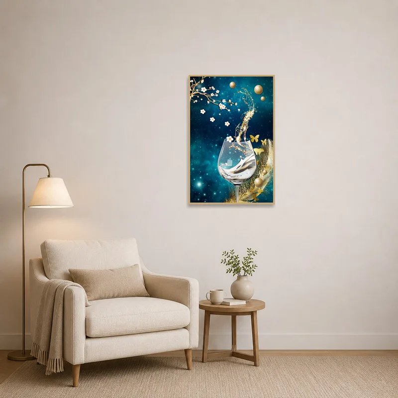 Reading corner adorned with a mesmerizing floral and cosmic glass piece.