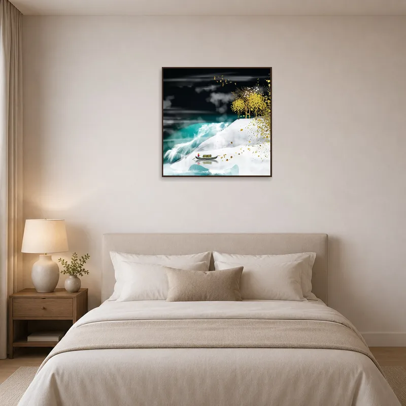 Golden tree landscape brings tranquility to a serene bedroom wall.