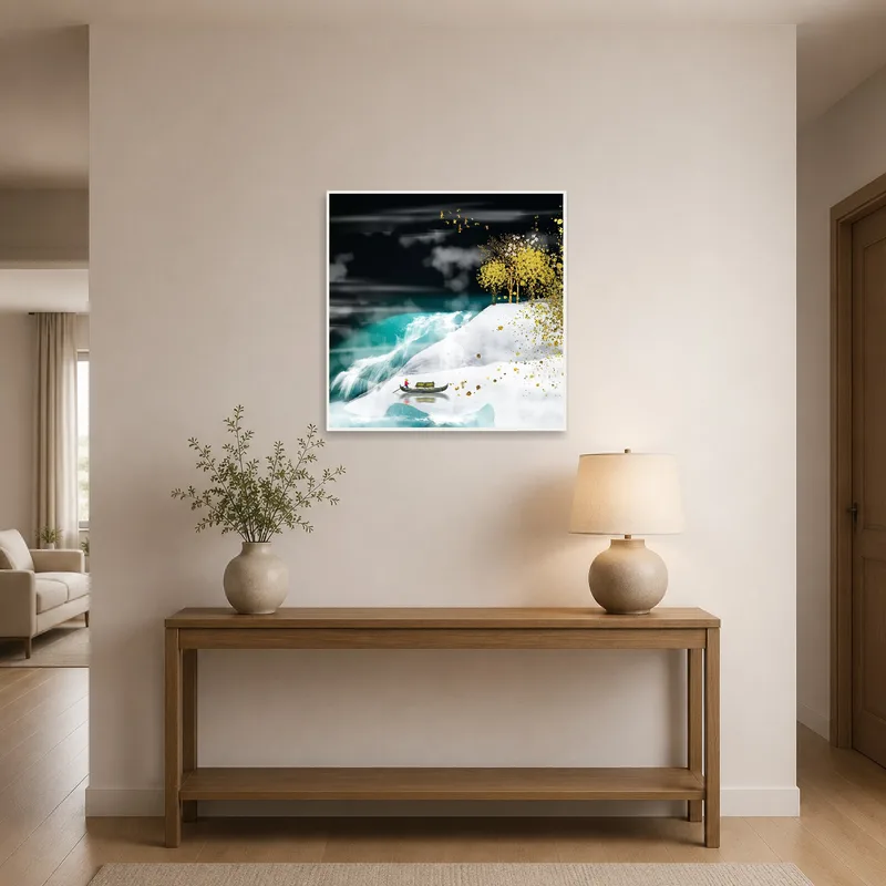 Golden tree artwork invites warmth and charm into the entrance hall.