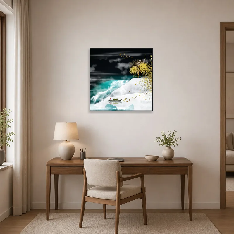 Art print of golden trees enhances the stylish home office workspace.