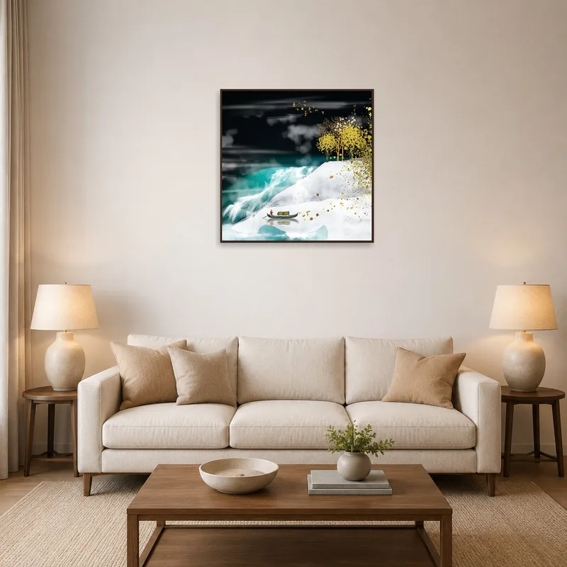 Art print of golden trees adds elegance above the living room sofa.