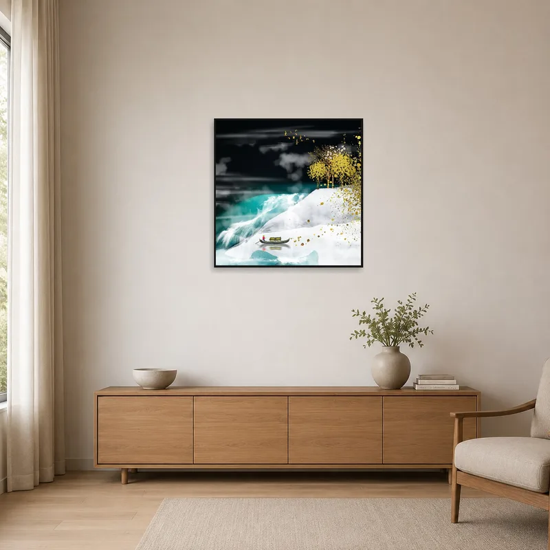 Golden tree art print lends a serene touch to a minimalist space.