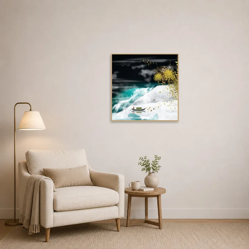 A calming golden tree print enriches the cozy reading corner ambiance.