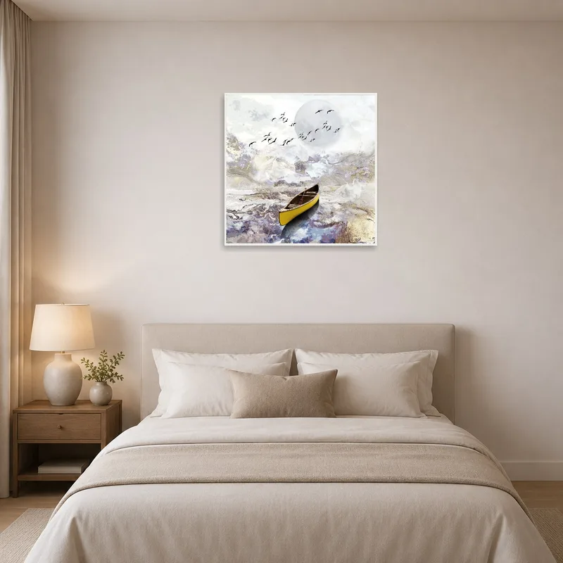 Peaceful canoe waters print brings calm to a serene bedroom setting.