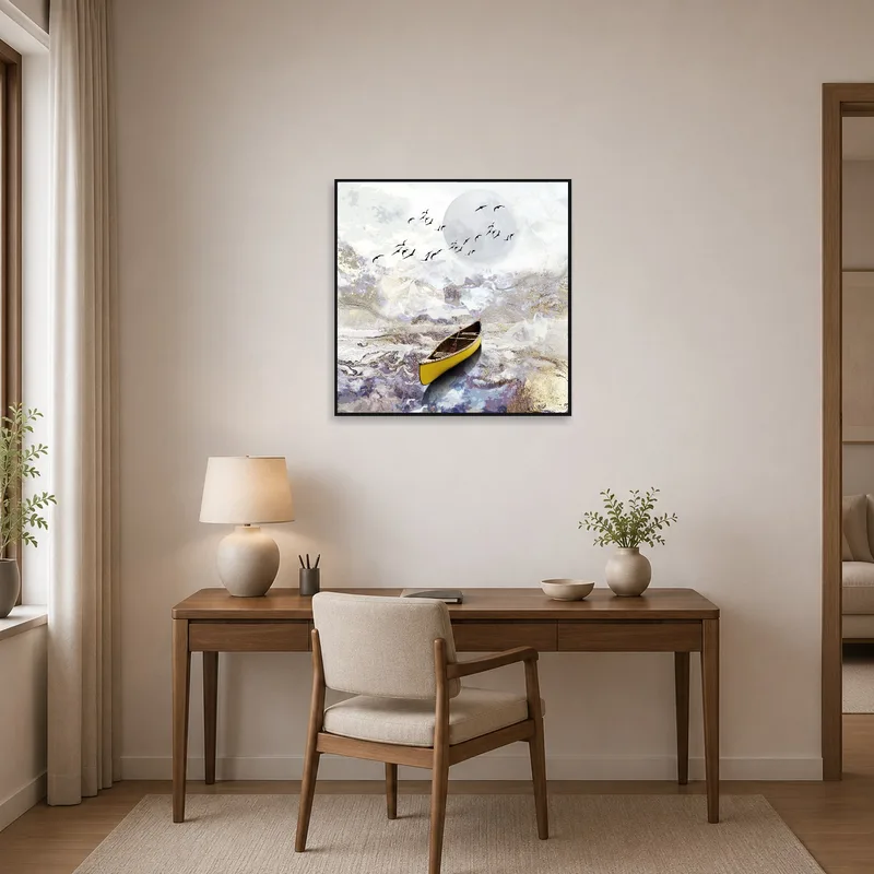 Ethereal waters print inspiring productivity in a stylish home office.